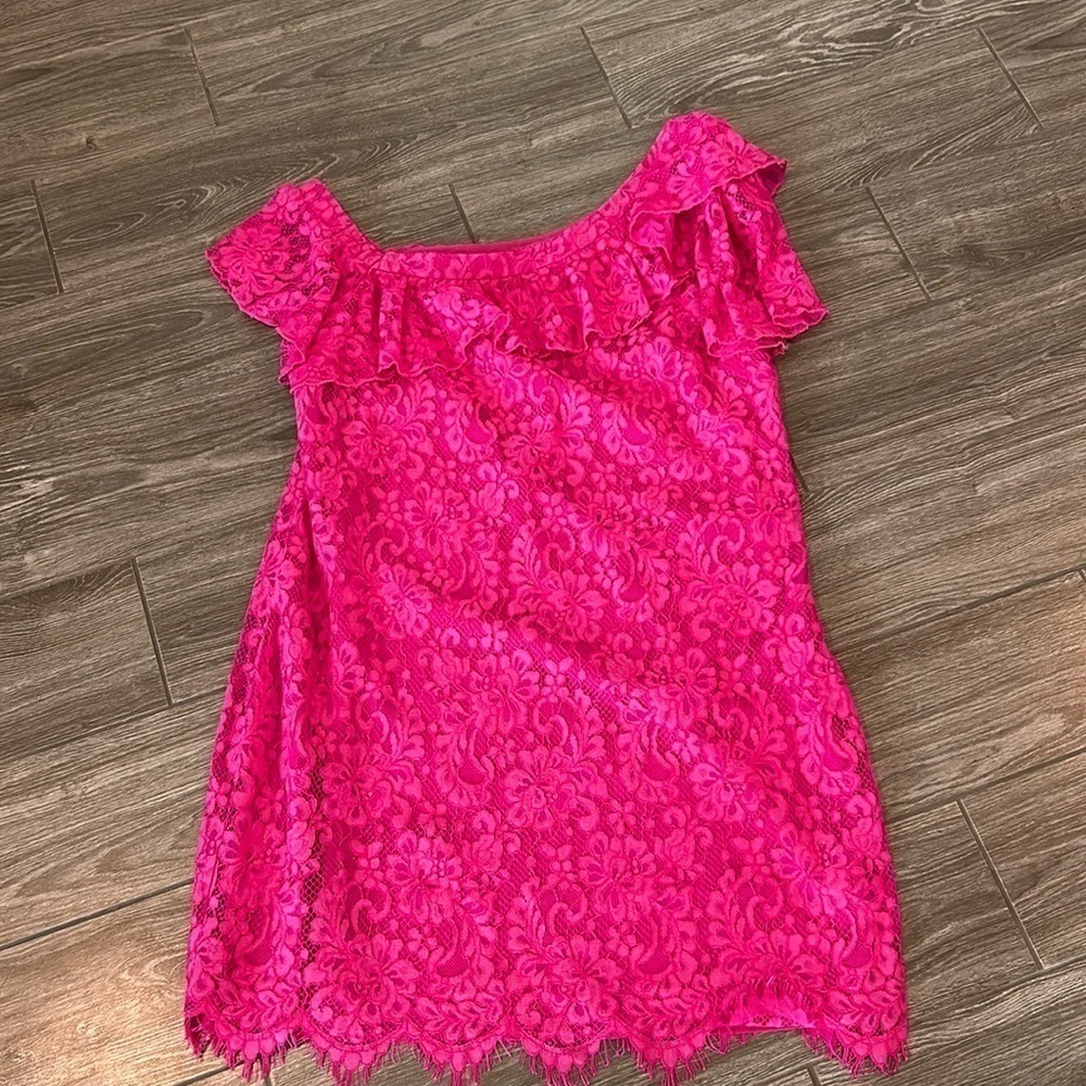 Trina Trina Turk Glorieta Off-the-Shoulder Lace Pink Dress Size 12 - Picture 4 of 8